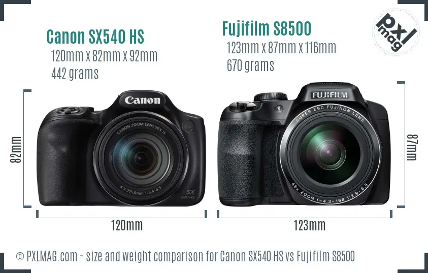 Canon SX540 HS vs Fujifilm S8500 size comparison