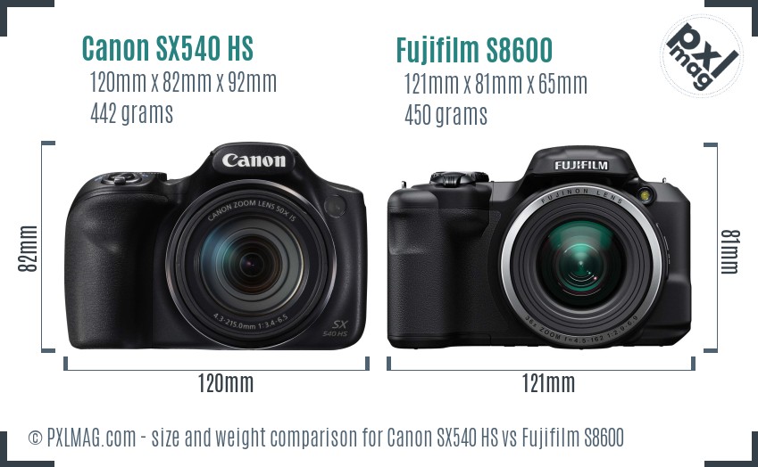 Canon SX540 HS vs Fujifilm S8600 size comparison