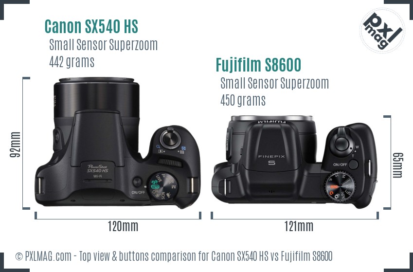 Canon SX540 HS vs Fujifilm S8600 top view buttons comparison