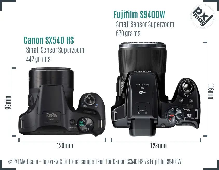 Canon SX540 HS vs Fujifilm S9400W top view buttons comparison