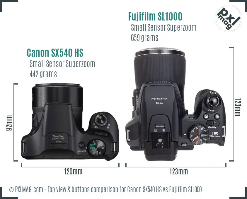 Canon SX540 HS vs Fujifilm SL1000 top view buttons comparison