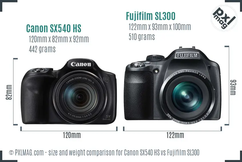 Canon SX540 HS vs Fujifilm SL300 size comparison