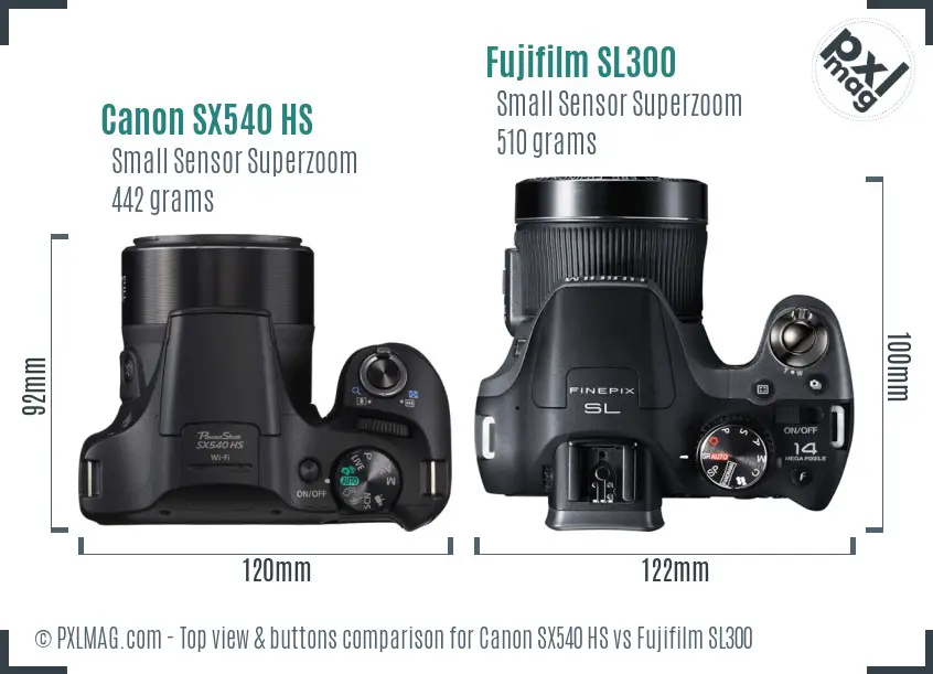 Canon SX540 HS vs Fujifilm SL300 top view buttons comparison