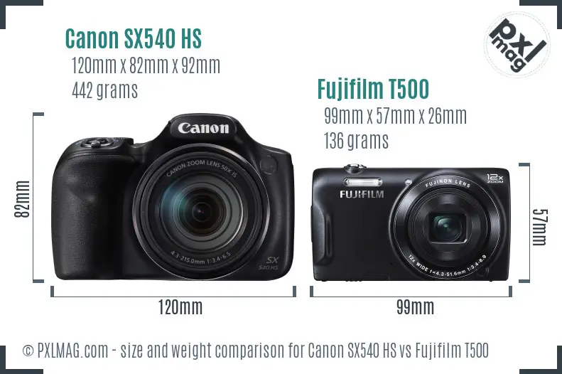 Canon SX540 HS vs Fujifilm T500 size comparison