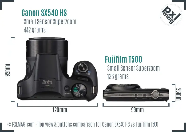 Canon SX540 HS vs Fujifilm T500 top view buttons comparison