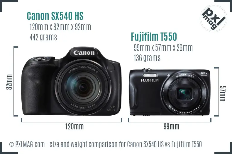 Canon SX540 HS vs Fujifilm T550 size comparison