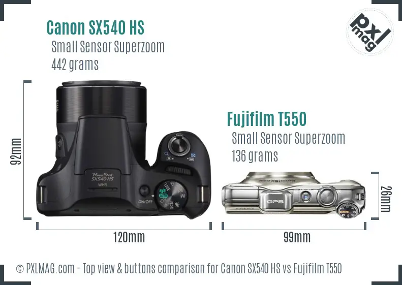 Canon SX540 HS vs Fujifilm T550 top view buttons comparison