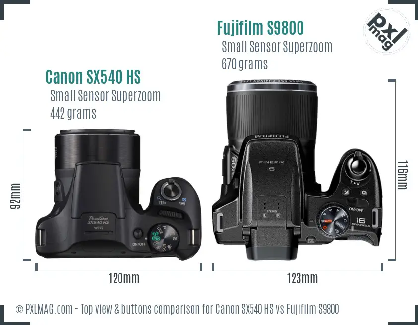 Canon SX540 HS vs Fujifilm S9800 top view buttons comparison