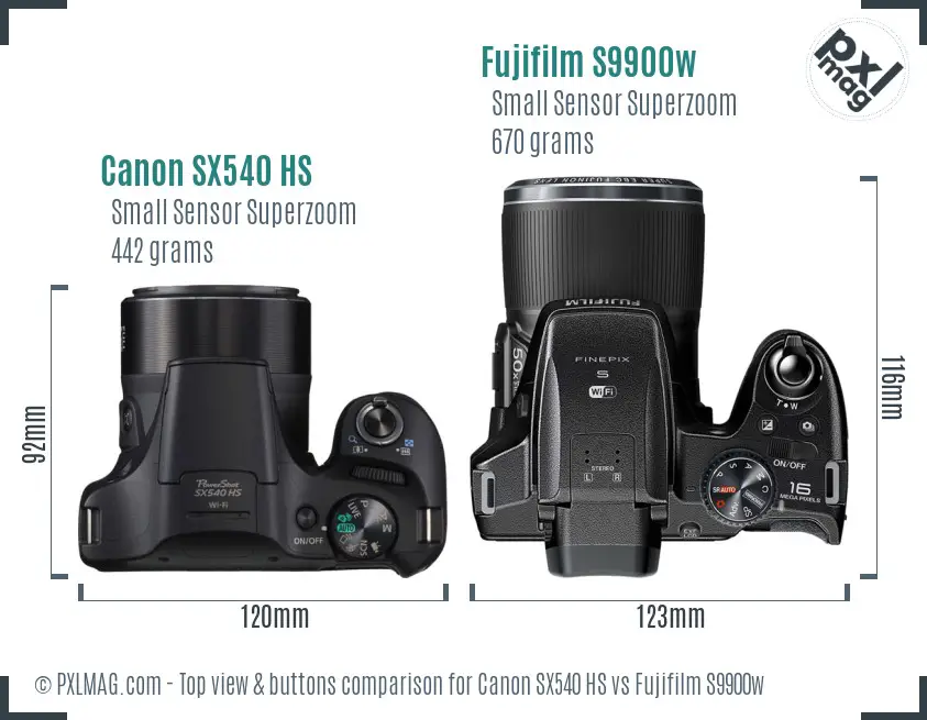 Canon SX540 HS vs Fujifilm S9900w top view buttons comparison