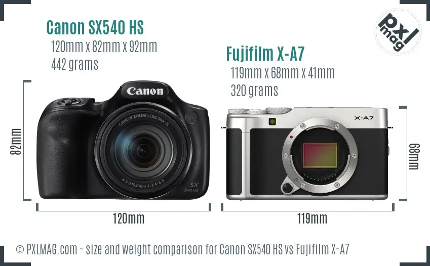 Canon SX540 HS vs Fujifilm X-A7 size comparison