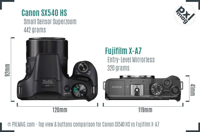 Canon SX540 HS vs Fujifilm X-A7 top view buttons comparison
