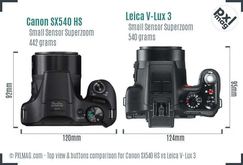 Canon SX540 HS vs Leica V-Lux 3 top view buttons comparison Canon SX540 HS vs Leica V-Lux 3 top view buttons comparison