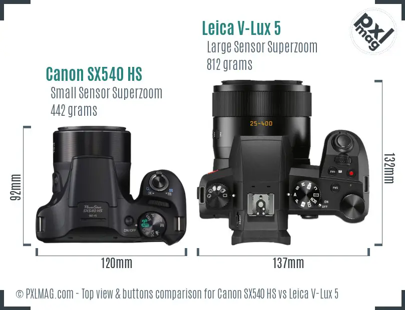 Canon SX540 HS vs Leica V-Lux 5 top view buttons comparison