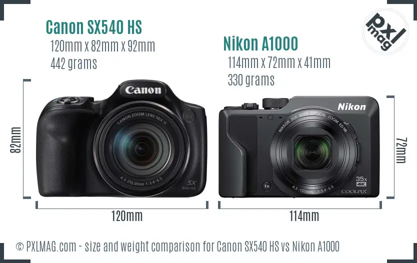Canon SX540 HS vs Nikon A1000 size comparison