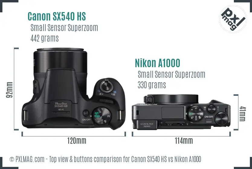 Canon SX540 HS vs Nikon A1000 top view buttons comparison