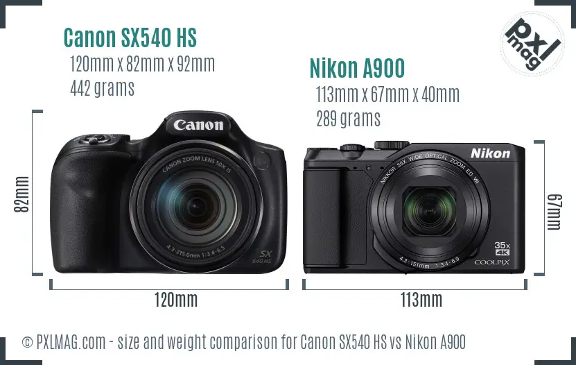 Canon SX540 HS vs Nikon A900 size comparison