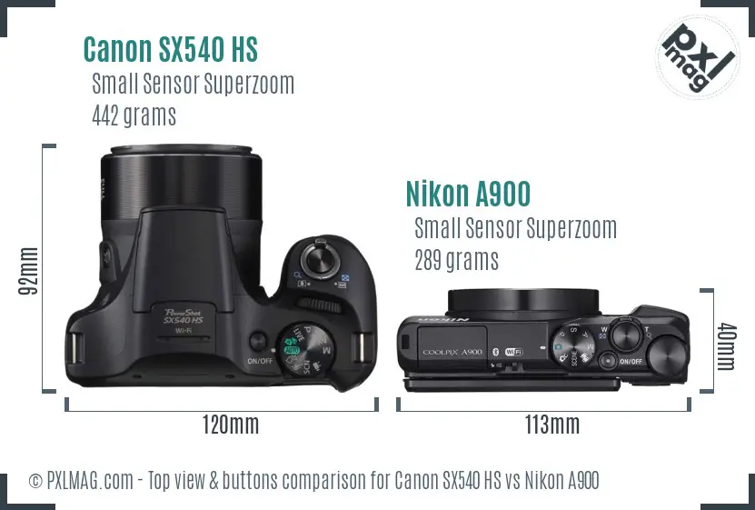 Canon SX540 HS vs Nikon A900 top view buttons comparison