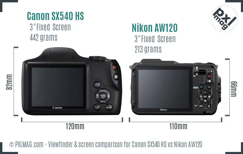 Canon SX540 HS vs Nikon AW120 Screen and Viewfinder comparison