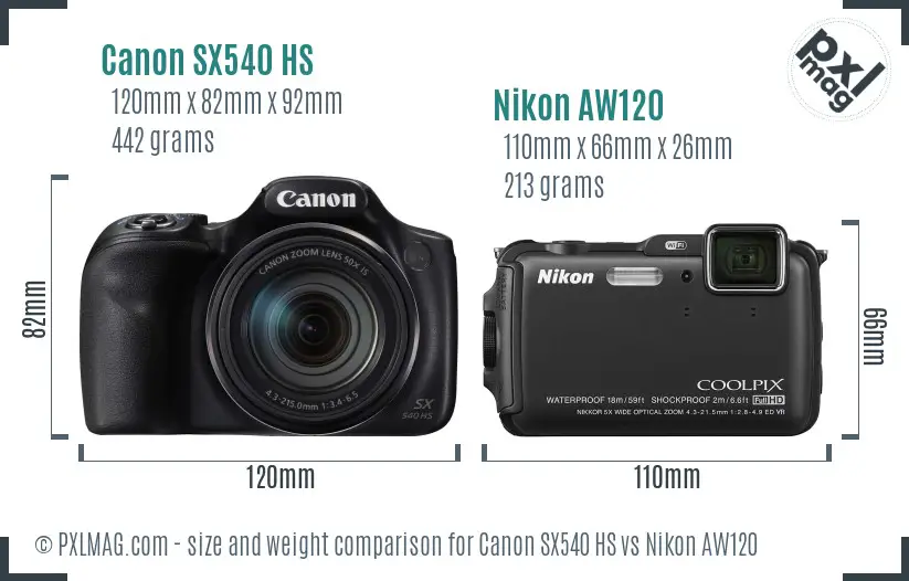 Canon SX540 HS vs Nikon AW120 size comparison