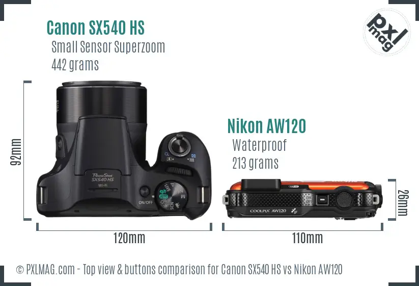 Canon SX540 HS vs Nikon AW120 top view buttons comparison