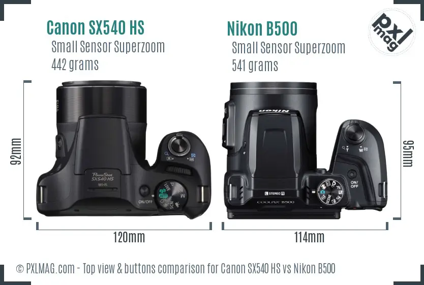 Canon SX540 HS vs Nikon B500 top view buttons comparison