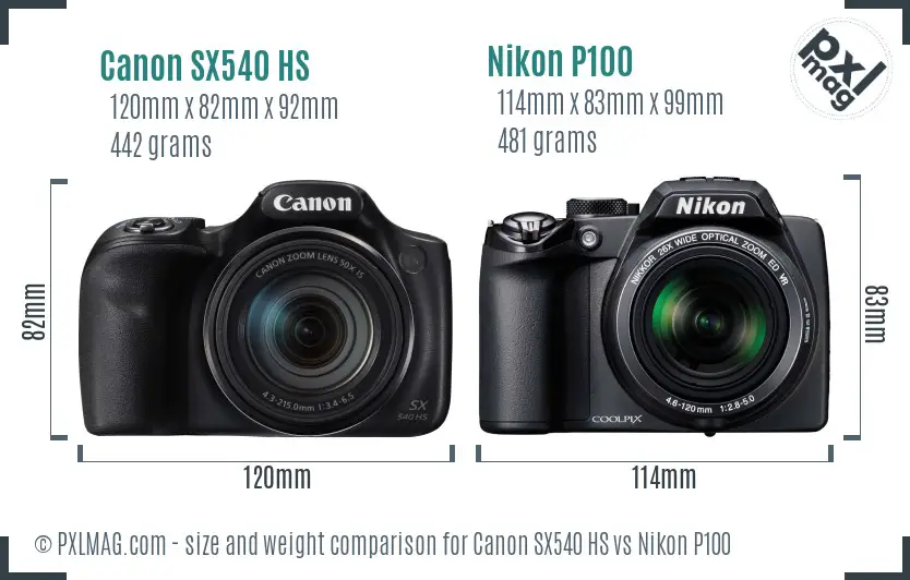 Canon SX540 HS vs Nikon P100 size comparison