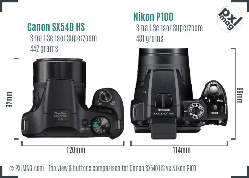 Canon SX540 HS vs Nikon P100 top view buttons comparison