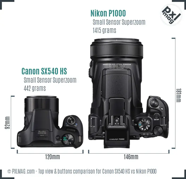 Canon SX540 HS vs Nikon P1000 top view buttons comparison