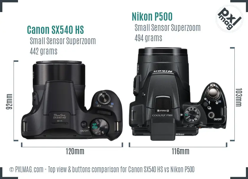 Canon SX540 HS vs Nikon P500 top view buttons comparison