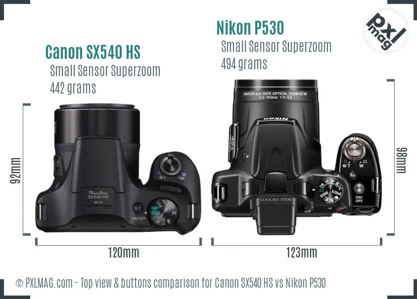 Canon SX540 HS vs Nikon P530 top view buttons comparison Canon SX540 HS vs Nikon P530 top view buttons comparison