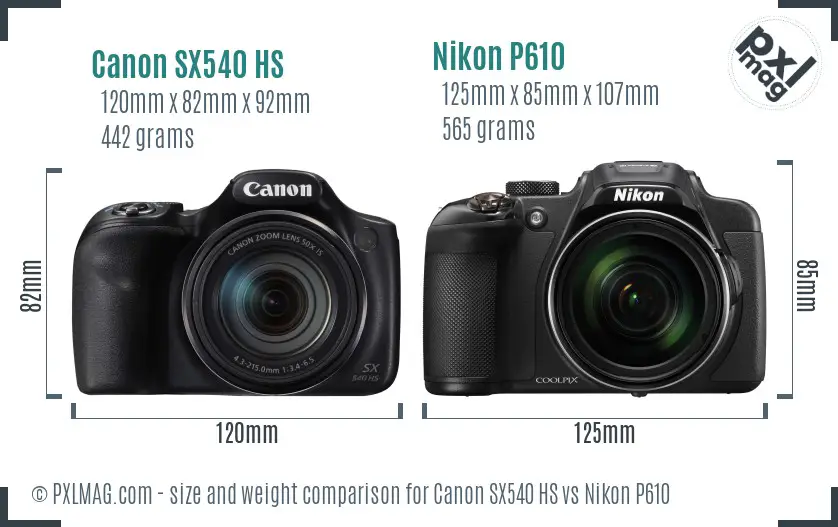 Canon SX540 HS vs Nikon P610 size comparison