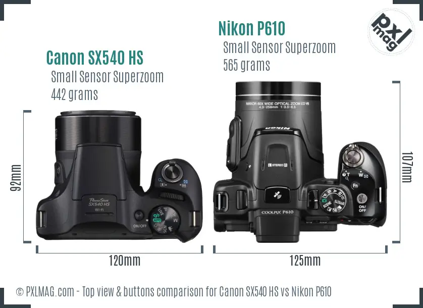 Canon SX540 HS vs Nikon P610 top view buttons comparison