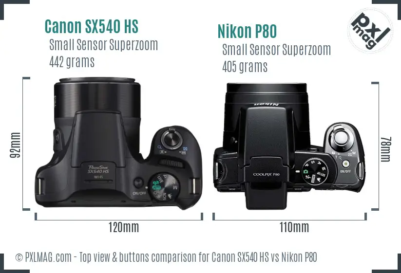 Canon SX540 HS vs Nikon P80 top view buttons comparison