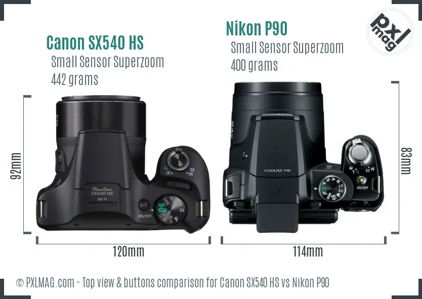 Canon SX540 HS vs Nikon P90 top view buttons comparison