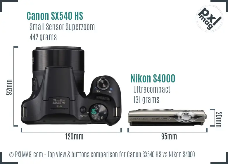 Canon SX540 HS vs Nikon S4000 top view buttons comparison