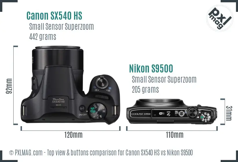Canon SX540 HS vs Nikon S9500 top view buttons comparison Canon SX540 HS vs Nikon S9500 top view buttons comparison