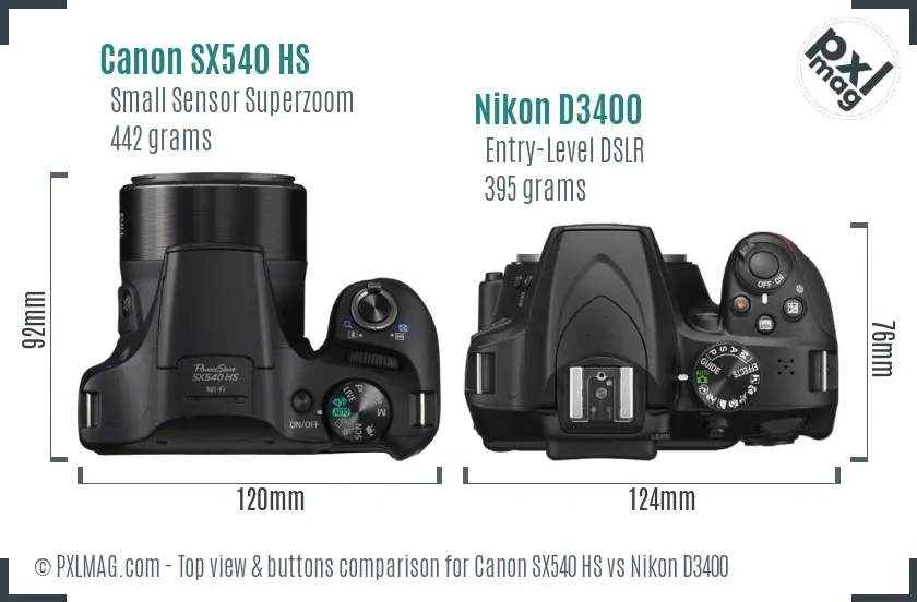 Canon SX540 HS vs Nikon D3400 top view buttons comparison Canon SX540 HS vs Nikon D3400 top view buttons comparison