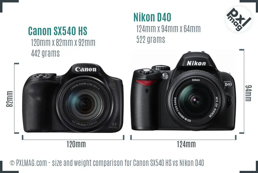 Canon SX540 HS vs Nikon D40 size comparison