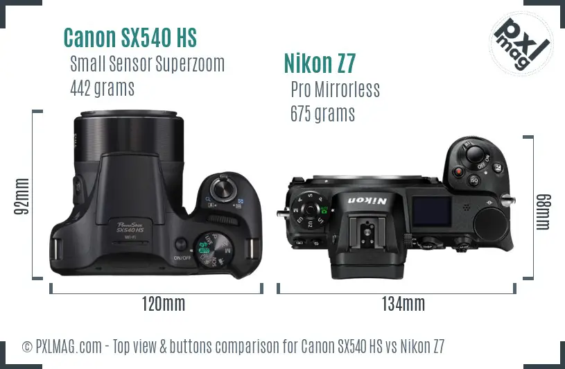 Canon SX540 HS vs Nikon Z7 top view buttons comparison