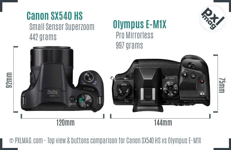 Canon SX540 HS vs Olympus E-M1X top view buttons comparison