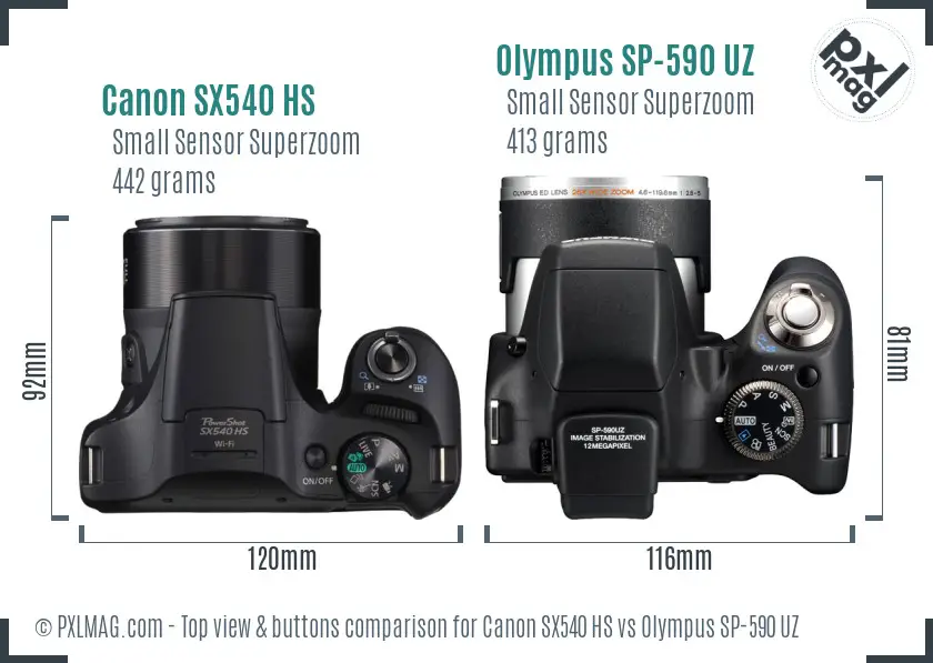 Canon SX540 HS vs Olympus SP-590 UZ top view buttons comparison Canon SX540 HS vs Olympus SP-590 UZ top view buttons comparison