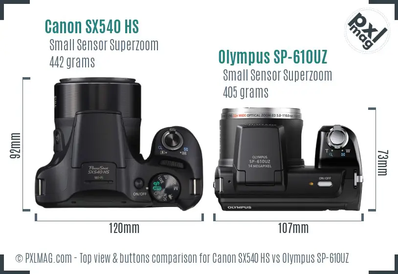 Canon SX540 HS vs Olympus SP-610UZ top view buttons comparison