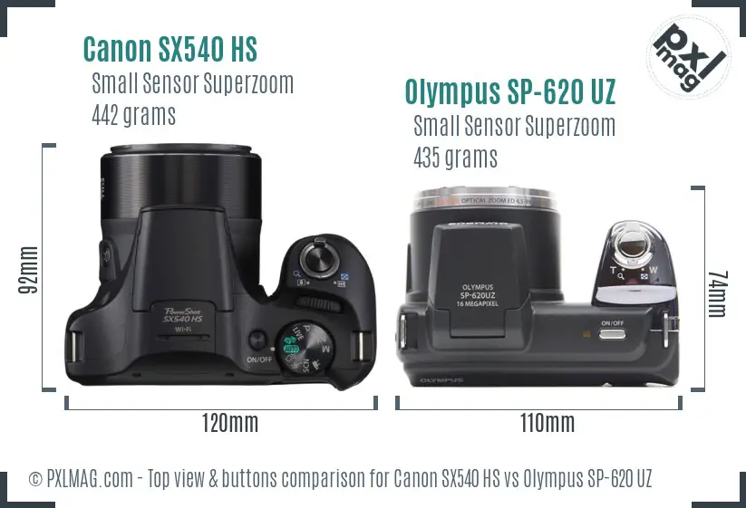 Canon SX540 HS vs Olympus SP-620 UZ top view buttons comparison