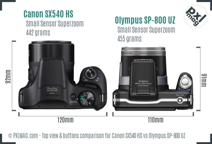 Canon SX540 HS vs Olympus SP-800 UZ top view buttons comparison Canon SX540 HS vs Olympus SP-800 UZ top view buttons comparison