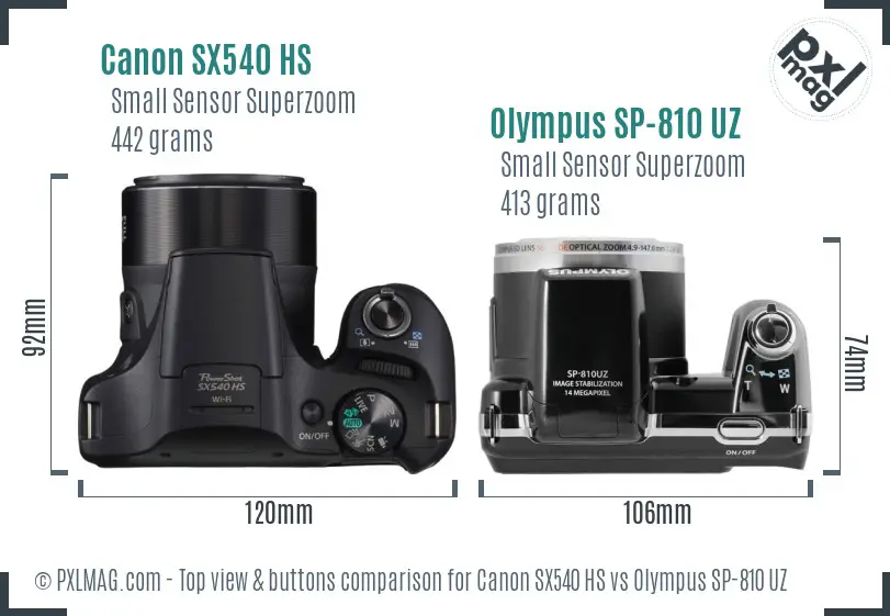 Canon SX540 HS vs Olympus SP-810 UZ top view buttons comparison Canon SX540 HS vs Olympus SP-810 UZ top view buttons comparison