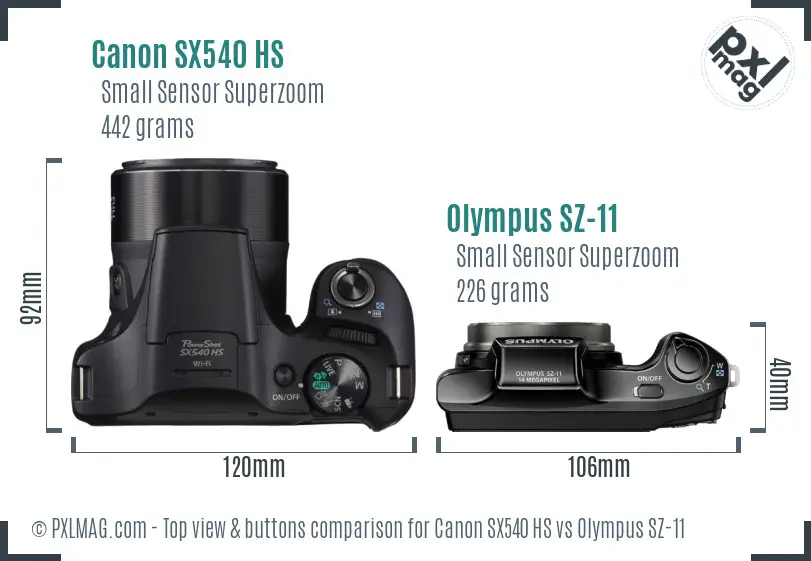 Canon SX540 HS vs Olympus SZ-11 top view buttons comparison Canon SX540 HS vs Olympus SZ-11 top view buttons comparison