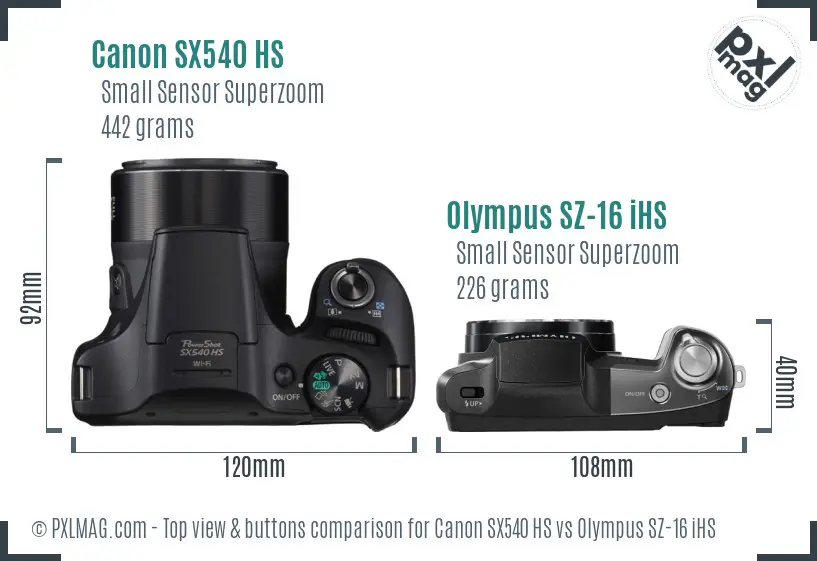 Canon SX540 HS vs Olympus SZ-16 iHS top view buttons comparison Canon SX540 HS vs Olympus SZ-16 iHS top view buttons comparison