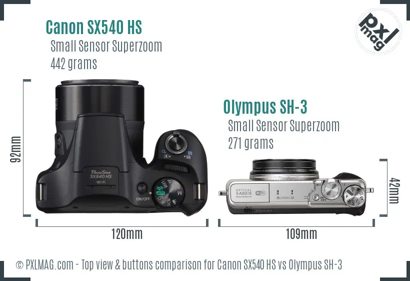 Canon SX540 HS vs Olympus SH-3 top view buttons comparison