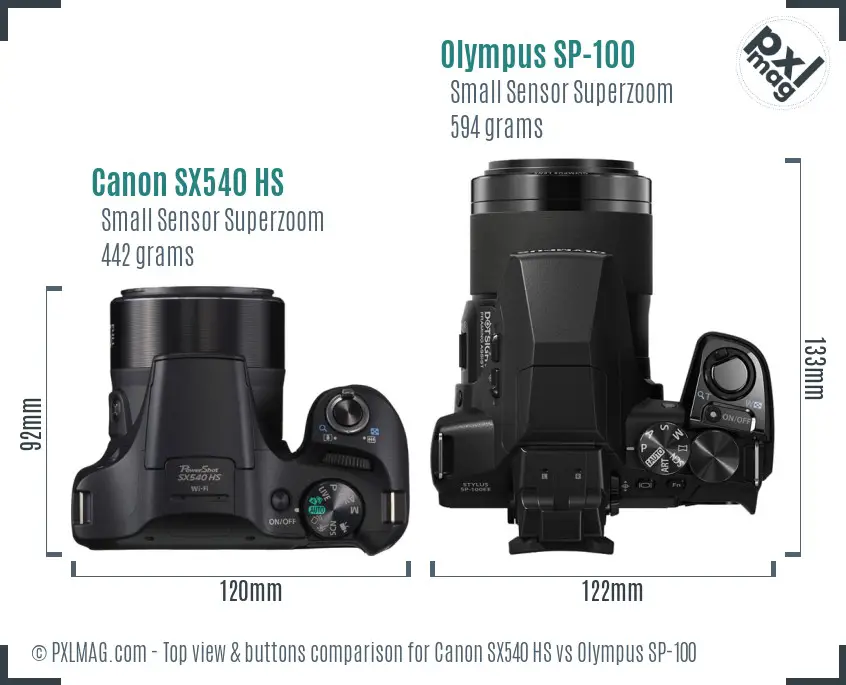 Canon SX540 HS vs Olympus SP-100 top view buttons comparison