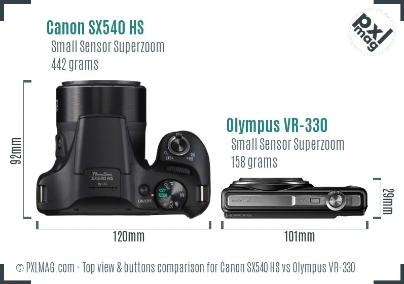 Canon SX540 HS vs Olympus VR-330 top view buttons comparison